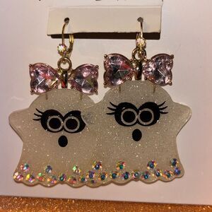 NWT Betsey Johnson Halloween Glittery Ghost Earrings with Pink Bows